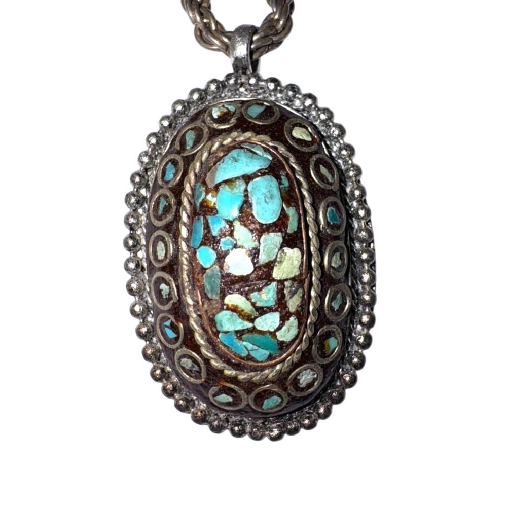 Turquoise Chip Mosaic Pendant on a Silvertone 24" Jewelry Necklace
